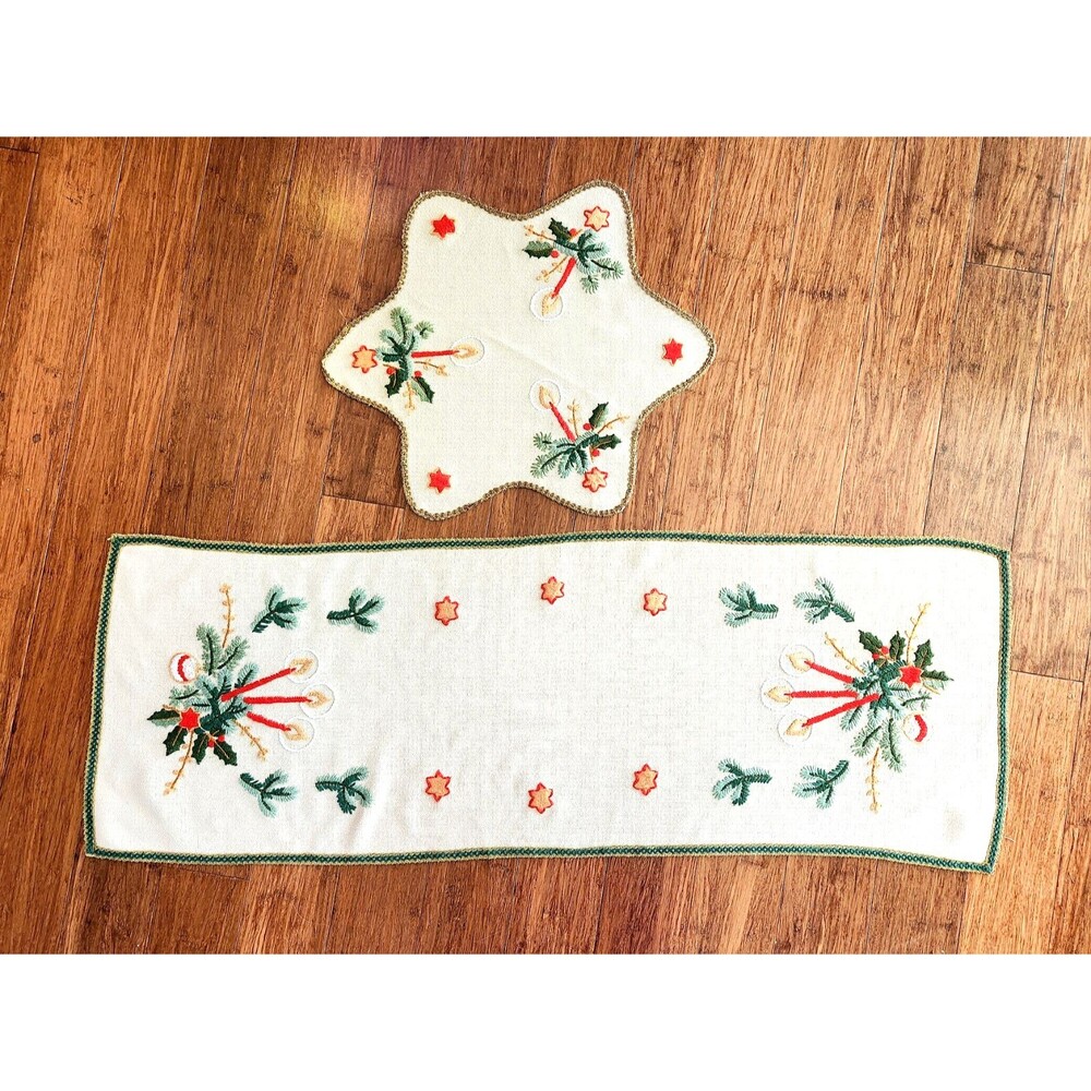 CHRISTMAS Set Runner Doily Light Beige Hand Embroidered Holiday Table Linens #03